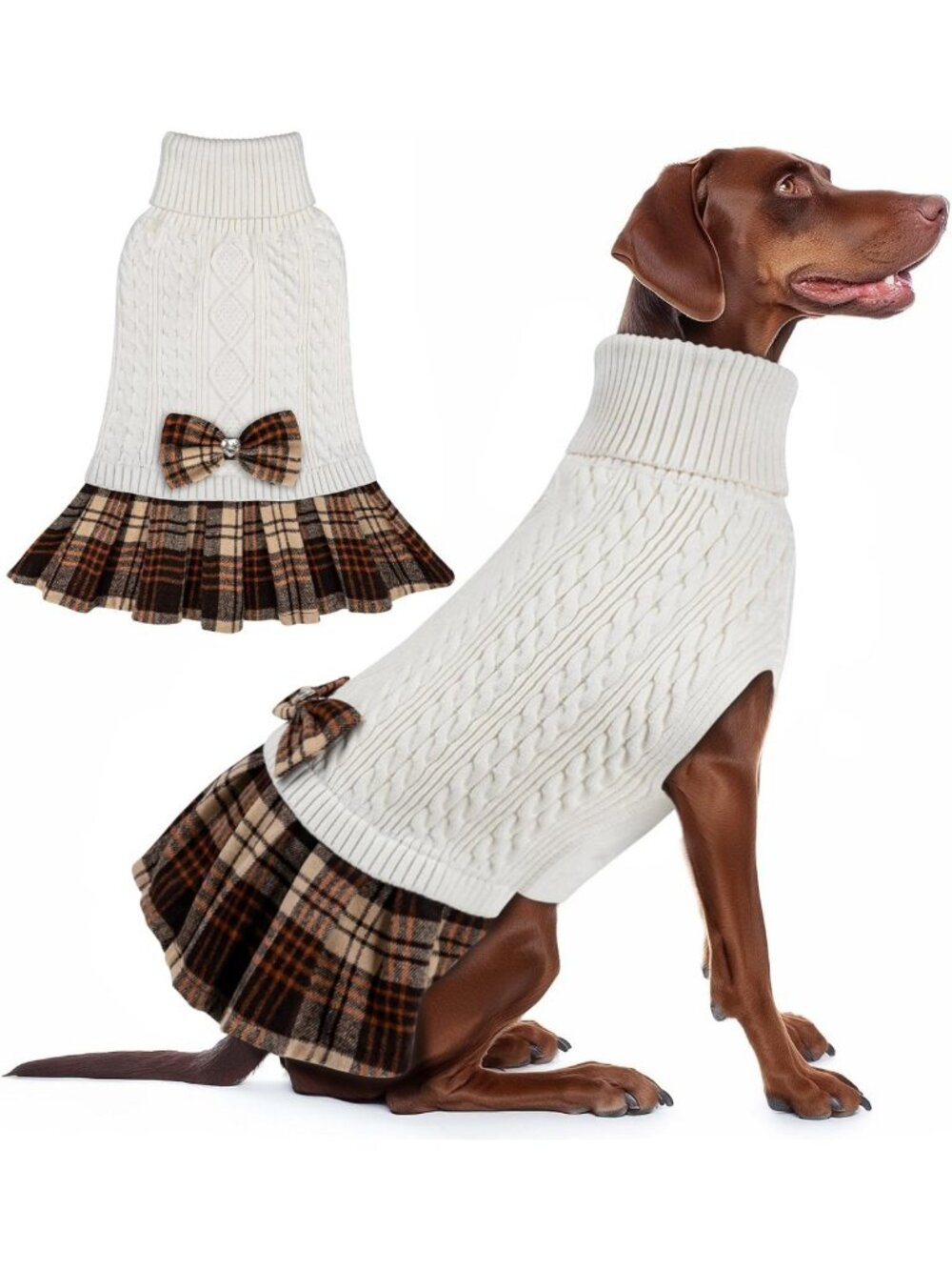 Cozy Plaid Dog Sweater with Bowtie & Leash Hole - Warm Knitwear for Medium Dogs